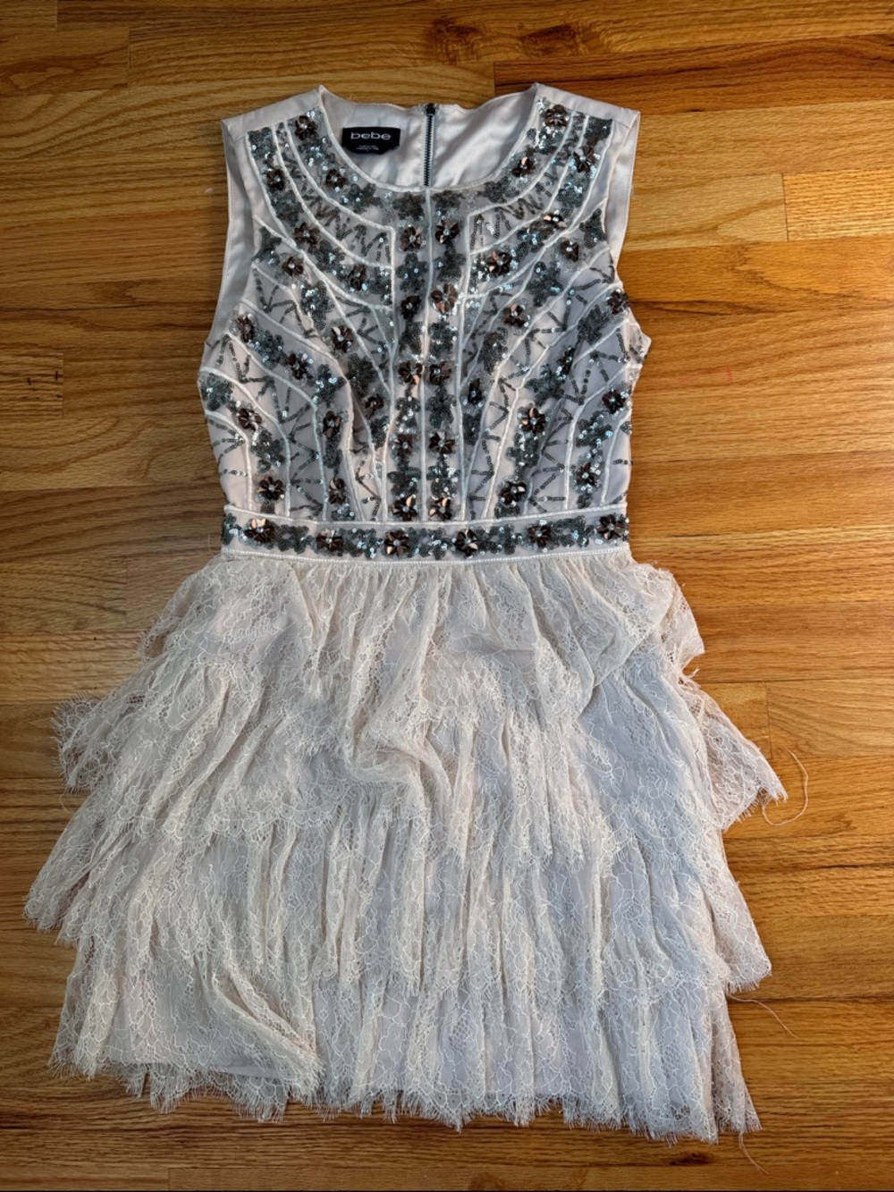 bebe Ivory Lace Tiered Dress with Silver Sequin Embellishments. Size 2